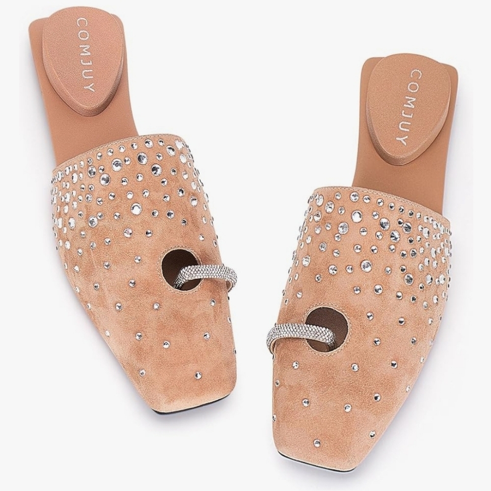 NIB Inverted Heel Mules 10 Tan Suede Rhinestone 😀